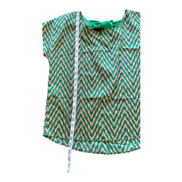 Splendid Green & Orange Geometric Tribal Print Slim Tunic Blouse w/ Bow, Medium - Picture 7 of 9